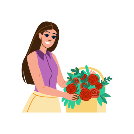 Florist arranging red roses in a basket for deliveryのイラスト素材