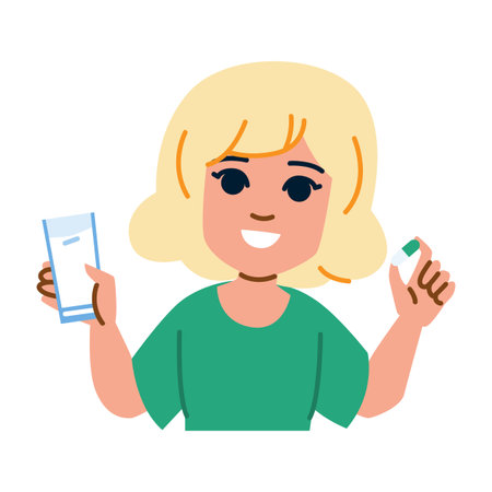 Smiling woman holding pill and glass of water promoting healthy lifestyleのイラスト素材