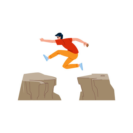 Businessman jumping over cliff gap, taking risk and overcoming challengesのイラスト素材