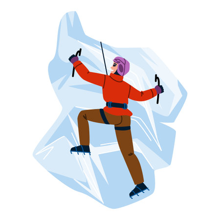 Mountain climber ascending icy cliff face using ice axes and cramponsのイラスト素材