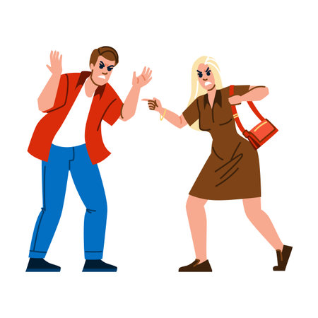 Angry couple arguing and fighting raising hands and pointing fingersのイラスト素材