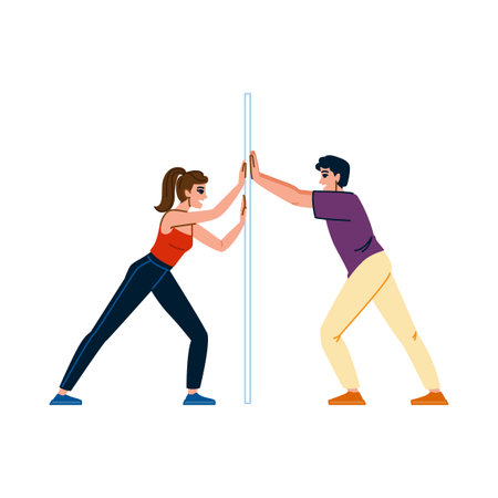 Man and woman pushing against a wall, overcoming obstacles togetherのイラスト素材