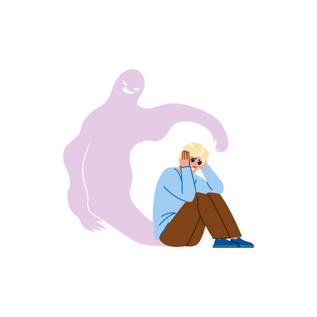 Depressed man sitting and covering ears from big scary ghost approaching himのイラスト素材