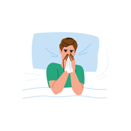 Sick person blowing nose in bed suffering from cold or fluのイラスト素材