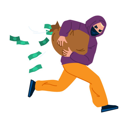 Thief running with bag of money losing cashのイラスト素材