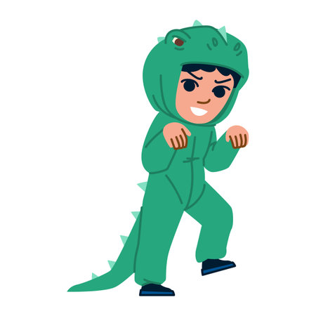 Child wearing funny dinosaur costume having fun during carnival partyのイラスト素材