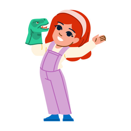 Smiling girl playing with dinosaur puppet, storytelling and imaginationのイラスト素材