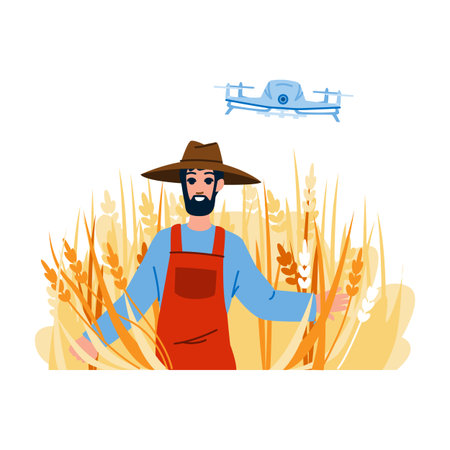 Farmer using drone technology for precision agriculture in wheat fieldのイラスト素材