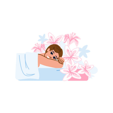 Woman relaxing on massage table surrounded by pink flowersのイラスト素材