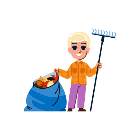 Young farmer gathering autumn leaves with rake and bagのイラスト素材