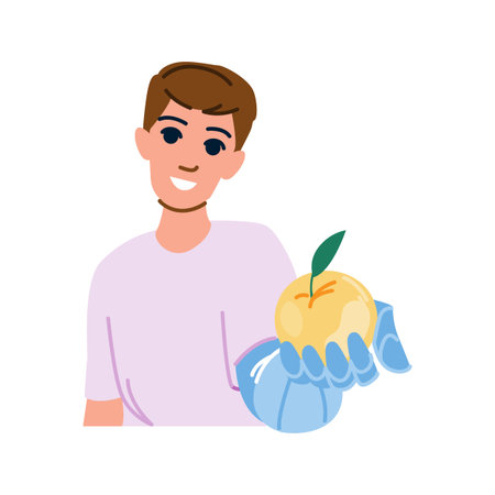 Young farmer holding apple, promoting healthy eating and local produceのイラスト素材