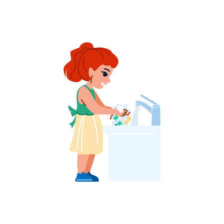 Young girl washing dishes in kitchen sinkのイラスト素材