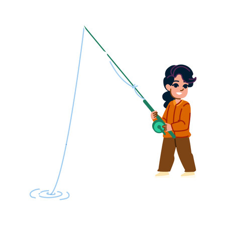 Young girl fishing with rod and reel in a lakeのイラスト素材