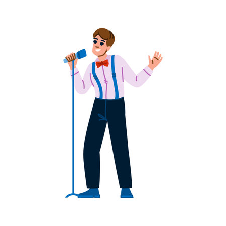 Young stylish singer performing with microphone and greeting publicのイラスト素材