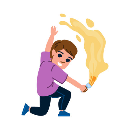 Young artist kneeling and splashing yellow paint with brushのイラスト素材