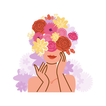Woman showing love for flowers, hiding face with bouquetのイラスト素材