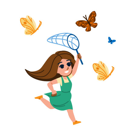 Young girl running and trying to catch butterflies with netのイラスト素材