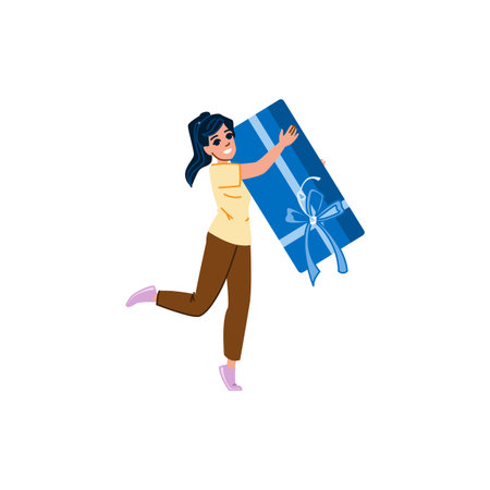 Happy woman running and holding big gift box celebrating holiday or birthdayのイラスト素材