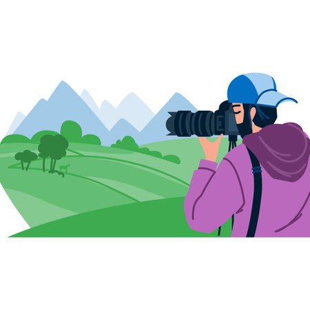 Photographer capturing breathtaking mountain scenery with telephoto lensのイラスト素材