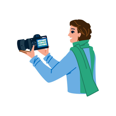 Photographer reviewing photos on camera screen, smiling and enjoying workのイラスト素材