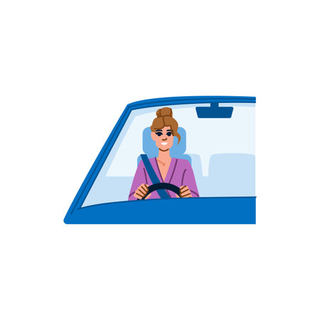 Young woman driving a blue car wearing seatbeltのイラスト素材