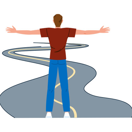 Man embracing winding road ahead, symbolizing lifes journey and future opportunitiesのイラスト素材