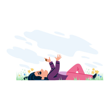Young woman lying in grass enjoying nature and pointing at skyのイラスト素材