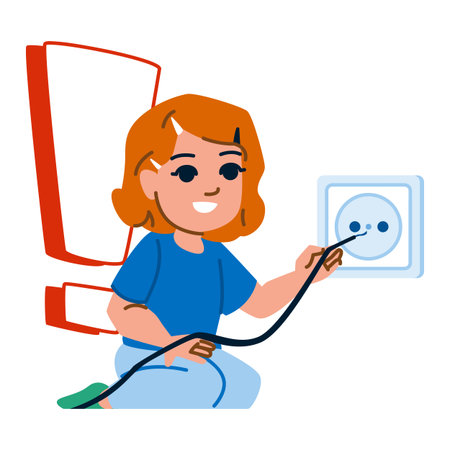 Little girl playing with electrical outlet, child safety awareness