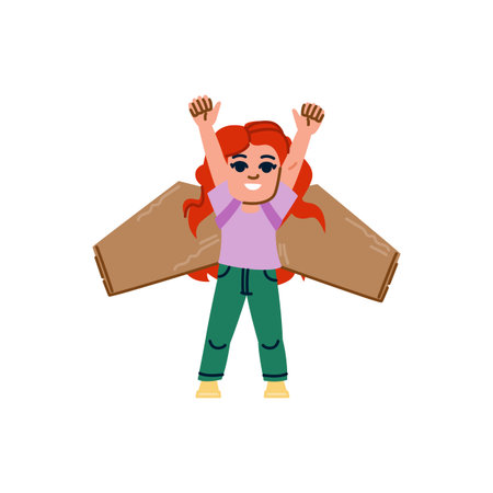 Redhead girl playing with cardboard wings raising her arms and smilingのイラスト素材