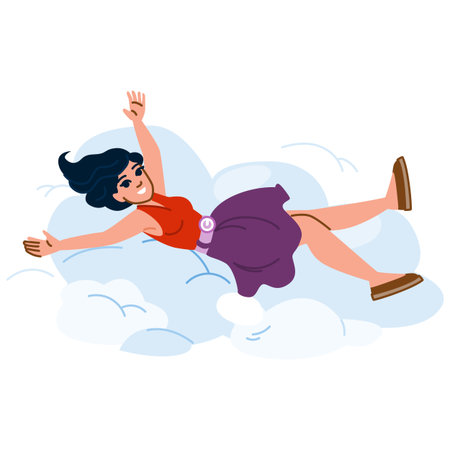 Young woman lying and relaxing on a soft cloud, enjoying freedom and happinessのイラスト素材
