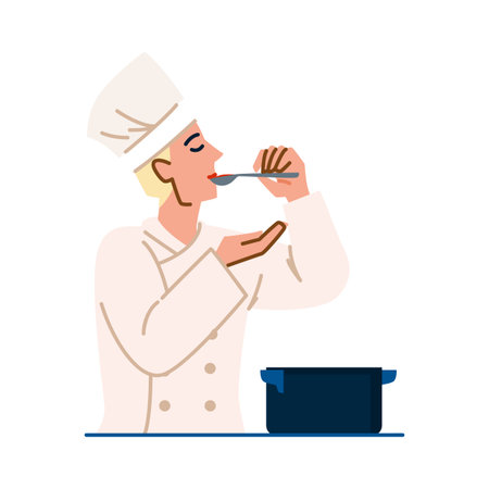 Professional chef tasting food from spoon in kitchen during food preparationのイラスト素材