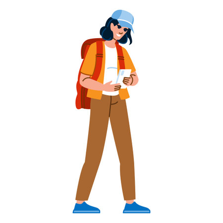 Tourist using smartphone and carrying backpack while travelingのイラスト素材