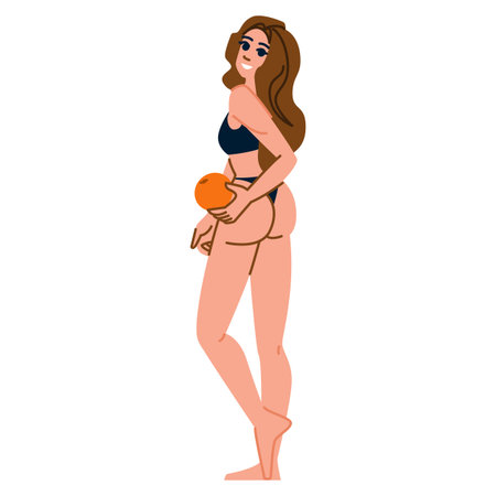 Smiling woman holding orange emphasizing healthy lifestyle and body positivityのイラスト素材