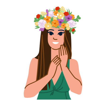Beautiful woman wearing flower wreath smiling and keeping hands togetherのイラスト素材