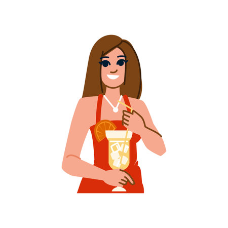 Smiling woman holding tropical cocktail with orange slice and ice cubesのイラスト素材