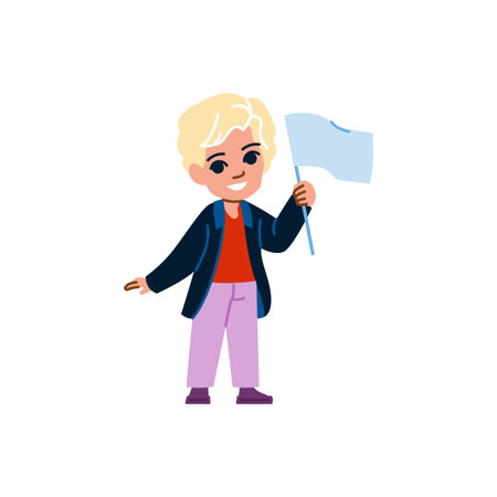 Blond boy holding white flag, illustration of surrender or peace conceptのイラスト素材