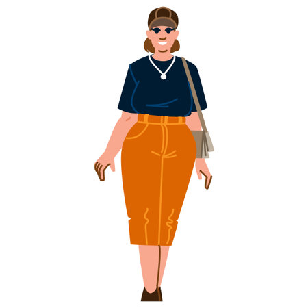 Smiling young woman wearing casual clothes walking with handbag and sunglassesのイラスト素材