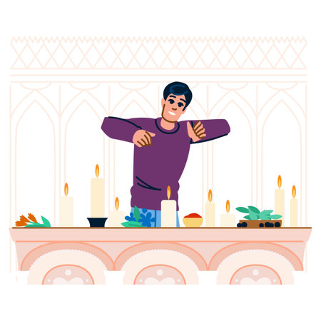 Medium performing spiritual ritual with candles and flowers in churchのイラスト素材