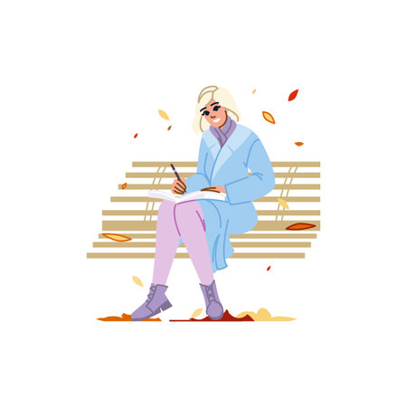 Woman writing in notebook sitting on bench in autumn parkのイラスト素材