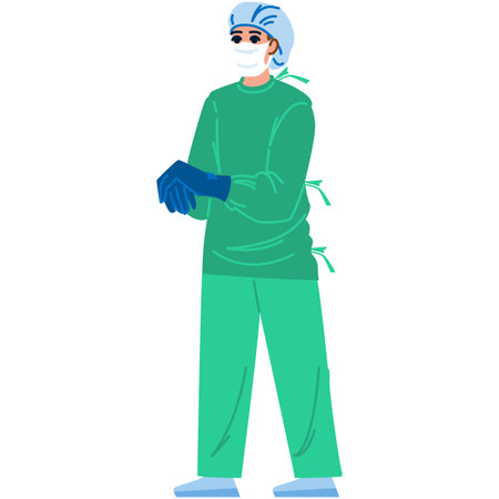 Surgeon wearing surgical gown, mask and gloves is preparing for surgeryのイラスト素材