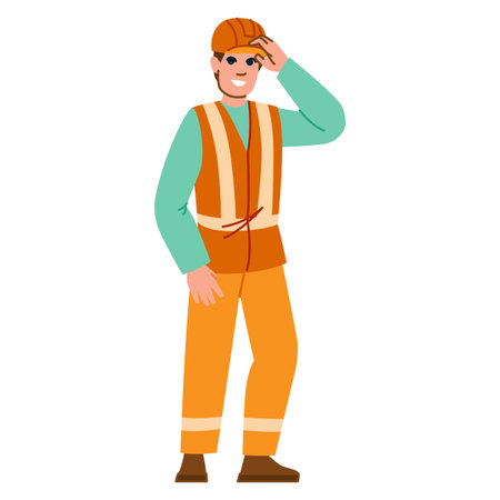 Smiling construction worker adjusting hardhat, safety and professionalism in the workplaceのイラスト素材