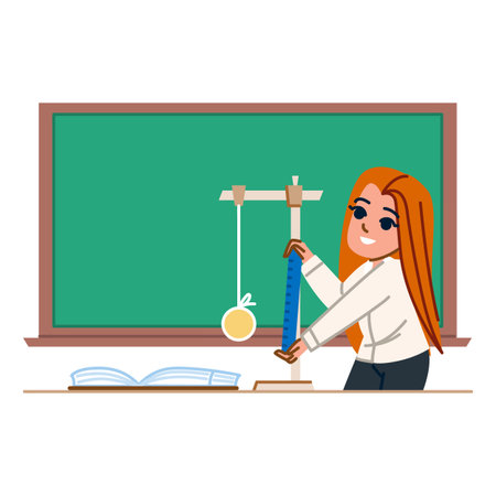 Young physicist measuring pendulum oscillation in classroomのイラスト素材
