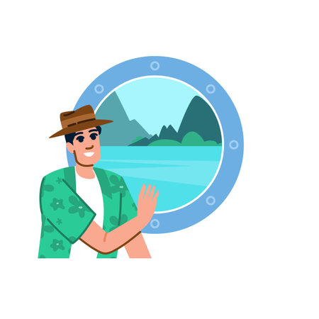 Tourist enjoying the view from a ship porthole, admiring a beautiful tropical islandのイラスト素材