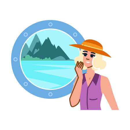Tourist enjoying seascape from boat window, travel and vacation conceptのイラスト素材