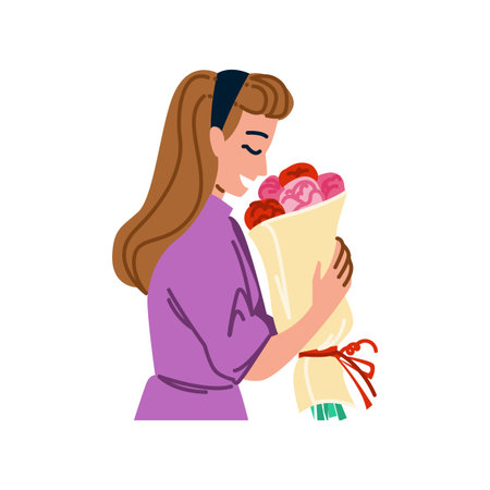 Young woman holding and smelling bouquet of flowersのイラスト素材