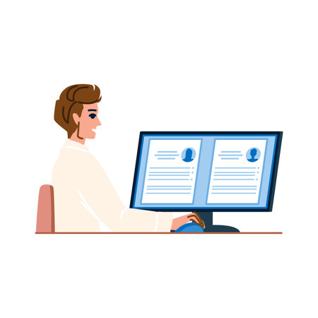 Hr manager reading curriculum vitae of applicants on computer screenのイラスト素材