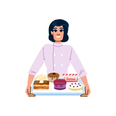 Pastry chef holding tray with delicious cakes and pastriesのイラスト素材