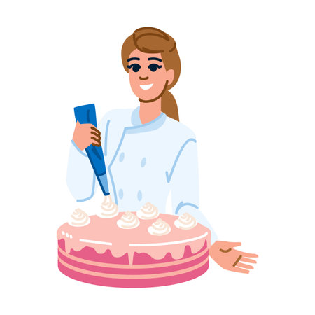 Pastry chef decorating cake with cream using piping bag
