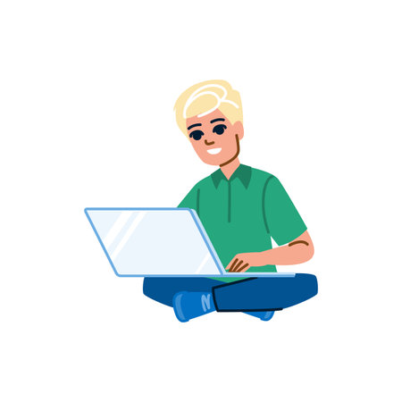 Blond young man working on laptop sitting cross leggedのイラスト素材