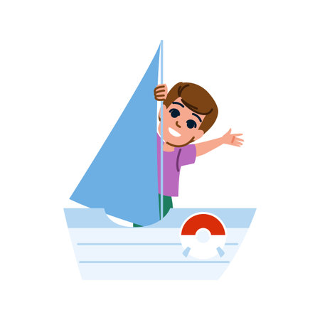 Young sailor holding sail and showing something on sailboat with game console steering wheelのイラスト素材